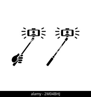 Hand holding selfie stick taking picture icon vector symbol. Stock Vector