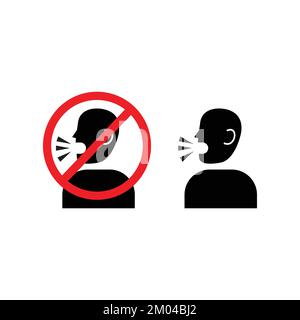 Do not talk sign please be quiet icon vector. Profile of noisy man shouting head in crossed out circle. Stock Vector