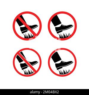 Do not walk on grass sign with shoe icon vector symbol. Shoe stepping on grass interdiction symbol vector in crossed out circle. Stock Vector