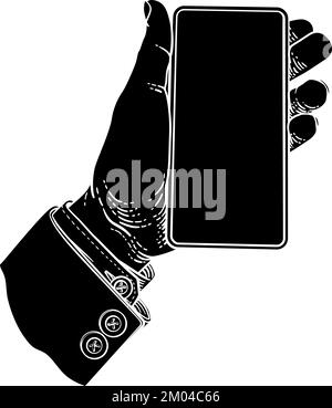 Hand Holding Mobile Phone Vintage Style Stock Vector