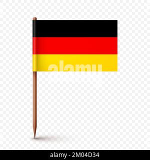 Realistic German toothpick flag. Souvenir from Germany. Wooden toothpick with paper flag. Location mark, map pointer. Blank mockup for advertising and Stock Vector