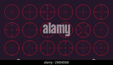 Various sniper rifle night sights, weapon optical scope crosshair. Hunting gun red viewfinder. Shooting mark symbol, aim. Military target sign. Game Stock Vector