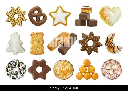 Various Christmas sweets and cookies isolated against white background Stock Photo