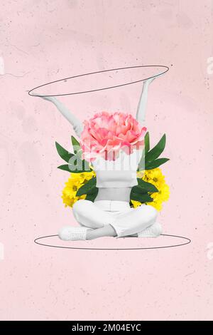 Photo collage cartoon comics sketch picture of lady pink flower instead of head rising arms making vase isolated drawing background Stock Photo