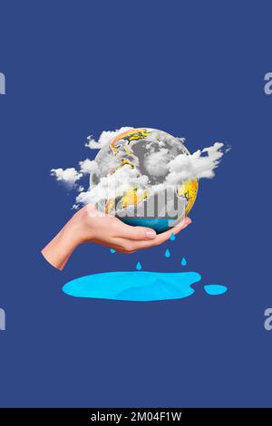 Collage photo picture of world planet sphere hand hold continent clouds air pollution warming temperature ocean dried isolated on blue background Stock Photo
