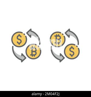 Dollar to bitcoin money conversion line vector icon. Currency exchange, cryptocurrency outlined symbol. Stock Vector