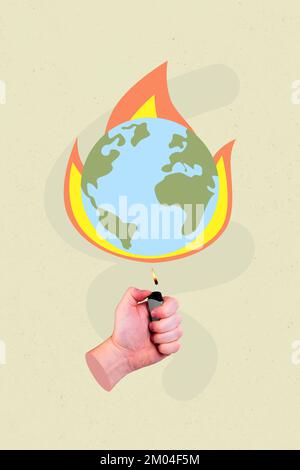 Photo artwork minimal collage picture of arm burning lighter miniature mini globe isolated drawing background Stock Photo