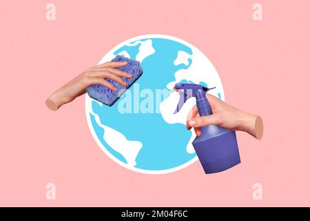 Creative 3d photo collage artwork graphics painting of arm wiping mini miniature world isolated drawing background Stock Photo