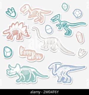 Vector sticker set with dinosaur skeleton isolated on a white background. Stock Vector