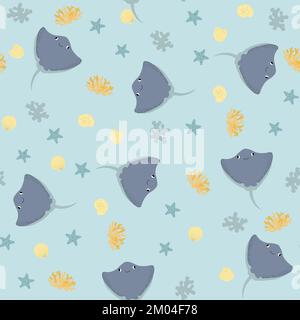 Vector seamless pattern with devilfish, starfish, algae.Underwater cartoon creatures.Marine background.Cute ocean pattern for fabric, childrens Stock Vector