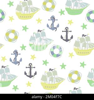 Vector seamless pattern with ship, anchor, lifebuoy.Underwater cartoon creatures.Marine background.Cute ocean pattern for fabric, childrens clothing Stock Vector