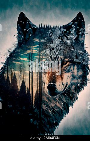 Double exposure image of a wolf and the winter forest Stock Photo - Alamy