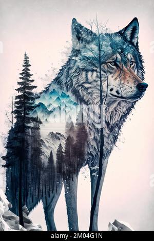Double exposure image of a wolf and the winter forest Stock Photo - Alamy