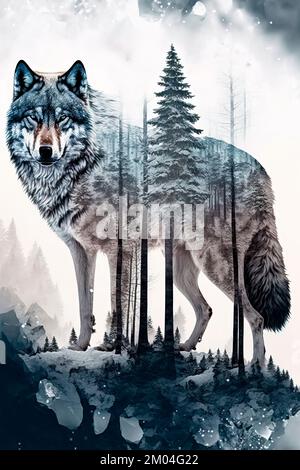 Double exposure image of a wolf and the winter forest Stock Photo - Alamy