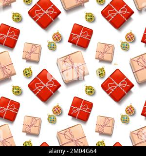 illustration Merry Christmas and happy new year background. Holiday greeting banner, flyer and card. Seamless banner with gift boxes and decorative Stock Vector