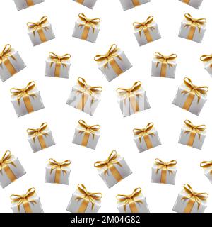 illustration Merry Christmas and happy new year background. Holiday greeting banner, flyer and card. White present boxes relistic with golden ribbons. Stock Vector