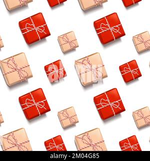 illustration Merry Christmas and happy new year background. Holiday greeting banner, flyer and card. Seamless banner with gift boxes. Stock Vector