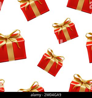 illustration Merry Christmas and happy new year background. Holiday greeting banner, flyer and card. Red present boxes relistic with golden ribbons. Stock Vector