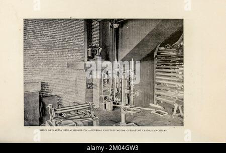 Shops of Marion Steam Shovel Co. General Electric Motor Operating various Machines from the Article OPERATING MACHINE TOOLS BY ELECTRICITY from The Engineering Magazine DEVOTED TO INDUSTRIAL PROGRESS Volume VIII October to March, 1895 NEW YORK The Engineering Magazine Co Stock Photo