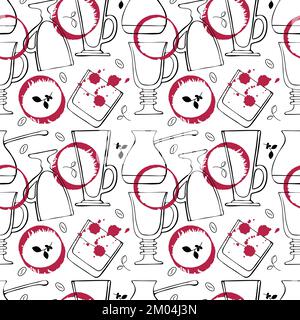 Pattern Viva Magenta color 2023 wine stain and drops with glasses for drinks and whiskey, red watercolor stains, hand drawn doodle. Vector illustration Stock Vector