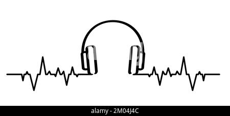 Heartbeat wave. headphones, headsets line pattern sign. For music or for call center. Vector headset icon. Listen to music. Waves, line pattern. Stock Photo