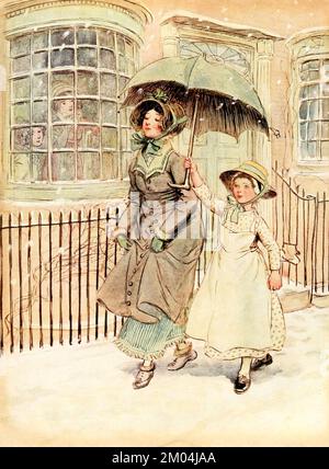 Now and again ladies pass in their pattens, a maid perhaps protecting them with an umbrella, for flakes of snow are falling discreetly from ' Quality street, a comedy in four acts ' by James Matthew Barrie, Illustrated by Hugh Thomson, Publication date 1913 Publisher London Hodder & Stoughton Quality Street is a comedy in four acts by J. M. Barrie, written before his more famous work Peter Pan. The story is about two sisters who start a school 'for genteel children'. Stock Photo