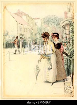 PHOEBE: You know how gallantly he swings his cane. from ' Quality street, a comedy in four acts ' by James Matthew Barrie, Illustrated by Hugh Thomson, Publication date 1913 Publisher London Hodder & Stoughton Quality Street is a comedy in four acts by J. M. Barrie, written before his more famous work Peter Pan. The story is about two sisters who start a school 'for genteel children'. Stock Photo