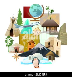 World geography picture in form of circle. Travel items and plants trees of climatic zones. Dwellings of different peoples of countries. Isolated on Stock Vector
