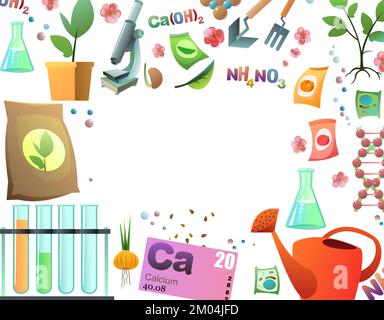 Chemistry and natural fertilizers objects with space for text. Introduction of mineral and organic top dressing to increase yield of vegetables and Stock Vector
