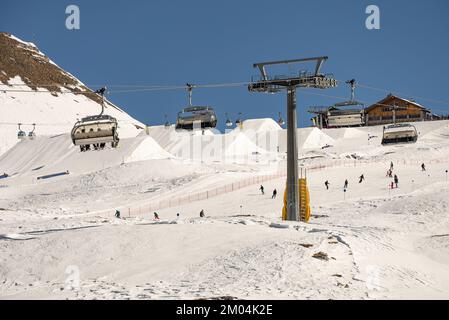 Aerial drone view of Madonna di Campiglio and ursus snowpark in Val Rendena dolomites Trentino Italy in winter Stock Photo