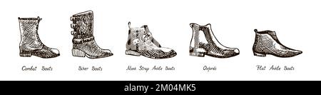 Combat Boots, Biker Boots, Monk Strap Ankle Boot, Oxfords, Flat Ankle Boots, isolated hand drawn outline doodle, sketch, black and white illustration Stock Photo