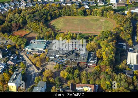 Aerial view, Geschwister-Scholl-Gymnasium, sports field, construction site at Oberwengern indoor swimming pool, Volmarstein, Wetter, Ruhr area, North Stock Photo
