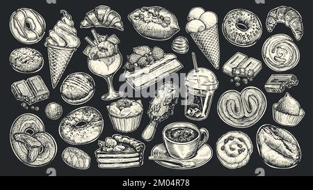 Food and Drink chalk drawn set on black board. Collection sketches