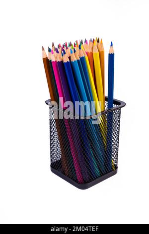 multi-colored felt-tip pens in a glass on a white background, close-up, copy space, contemporary art. Modern design isolated Stock Photo