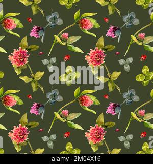 Watercolor seamless pattern, clover leaves and red beetle with black spots on dack green background. hand draw leaves for St Patrick's day. Template f Stock Photo