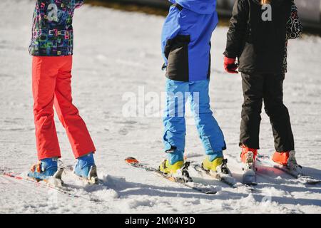 Children in ski suits go skiing on snow Stock Photo