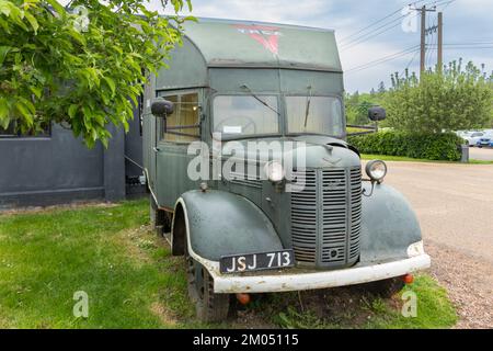 vintage green  1941 Austin K2 Tea Car truck or lorry with YMCA livery at RAF Defford Museum Coome Park. registration JSJ 713 Stock Photo