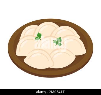 Pierogi or varenyky, traditional Eastern European dumplings on a plate. Cartoon vector illustration. Stock Vector