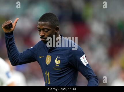 Doha, Qatar. 4th Dec, 2022. Ousmane Dembele of France reacts during the Round of 16 match between France and Poland of the 2022 FIFA World Cup at Al Thumama Stadium in Doha, Qatar, Dec. 4, 2022. Credit: Zheng Huansong/Xinhua/Alamy Live News Stock Photo