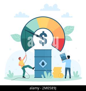 Oil price growth and management vector illustration. Cartoon tiny people pull indicator arrow down with rope, reduce with efforts barrel high cost and increase financial profit, global oil marketing Stock Vector