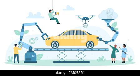 Car production in factory, automatic assembly of automobile on conveyor line vector illustration. Cartoon tiny people, drones and robot arms working together, installing vehicle parts and electronics Stock Vector