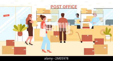 Express delivery service vector illustration. Cartoon people receive and send parcel and letter at reception counter with postal workers, man and woman customers holding boxes in post office interior Stock Vector