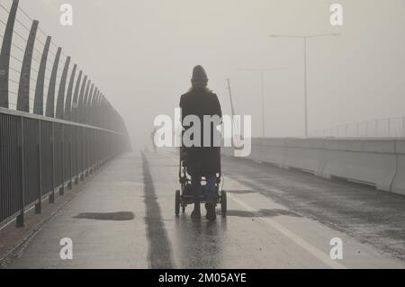 Stockholm, Sweden - November 13, 2022 - A foggy day at Västerbron ...