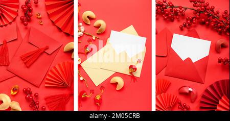 Festive collage with envelopes, blank cards and Chinese symbols on red background Stock Photo