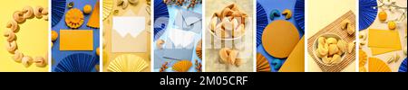 Festive collage with Chinese cookies, blank cards and envelopes on color background Stock Photo