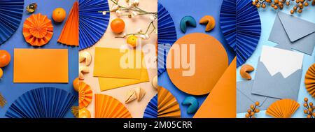 Festive collage with envelopes, blank cards and Chinese symbols on color background Stock Photo