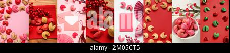 Festive collection with Chinese cookies, envelopes and blank cards on color background Stock Photo