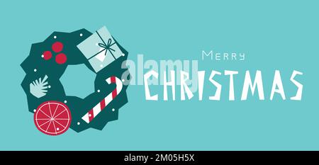 Vector flat illustration. Horizontal banner with Christmas wreath decorated by candy cane, gift box, orange, cone. Simplified minimalistic shape, Scan Stock Vector