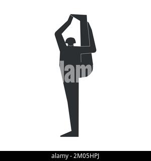 Vector isolated illustration with flat black silhouette of female person doing finess. Athletic woman learns yoga posture Trivikramasana. Sportive exe Stock Vector
