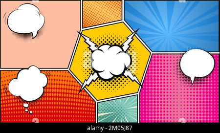 Superhero comics cartoon poster background. Halftone pop art style template. Comic page for book or magazine, banner vector design with speech bubbles Stock Vector